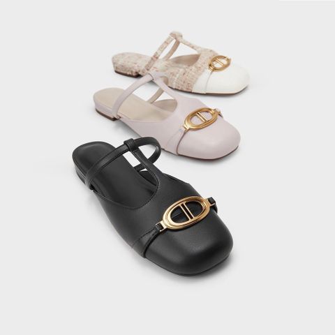Sục Giày Mules Nữ Mũi Tròn Vuông Hở Gót Metallic Accent Vải Dạ Kẻ Tweet Khuy Khóa Vàng AILEE.st [2914-1]