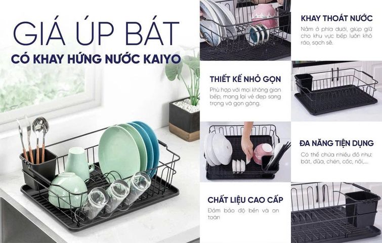 Giá úp bát Kaiyo KDR-6094 có khay hứng nước, chất liệu inox và nhựa, tiện lợi cho gia đình 6 người, thiết kế chống ẩm ướt.
