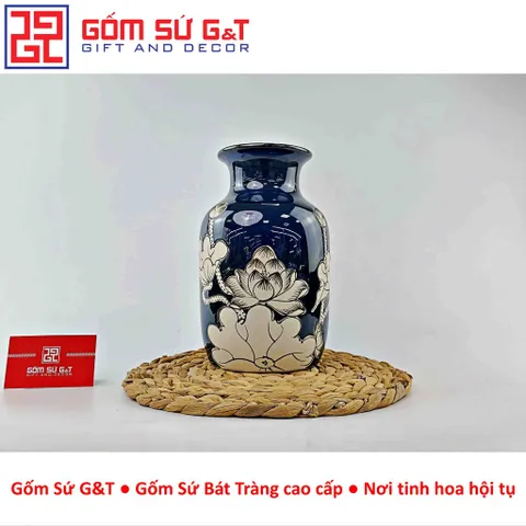 Lọ Hoa Gốm Sứ Dáng Phích Miệng Thấp Vẽ Sen - Men Hỏa Biến Sang Trọng Cho Trang Trí Nhà Cửa