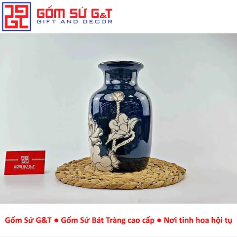 Lọ Hoa Gốm Sứ Dáng Phích Miệng Thấp Vẽ Sen - Men Hỏa Biến Sang Trọng Cho Trang Trí Nhà Cửa
