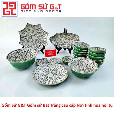 Bộ Đồ Ăn 10 Người Men Xanh Đồng Vẽ Hoa Bèo Gốm Sứ Sang Trọng - Bộ Đồ Dùng Bàn Tiệc Đẹp Mắt