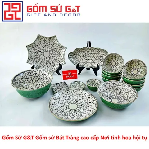 Bộ Đồ Ăn 10 Người Men Xanh Đồng Vẽ Hoa Bèo Gốm Sứ Sang Trọng - Bộ Đồ Dùng Bàn Tiệc Đẹp Mắt