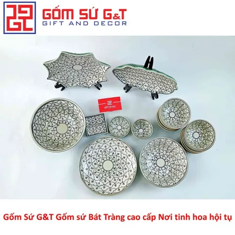 Bộ Đồ Ăn 10 Người Men Xanh Đồng Vẽ Hoa Bèo Gốm Sứ Sang Trọng - Bộ Đồ Dùng Bàn Tiệc Đẹp Mắt