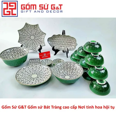 Bộ Đồ Ăn 10 Người Men Xanh Đồng Vẽ Hoa Bèo Gốm Sứ Sang Trọng - Bộ Đồ Dùng Bàn Tiệc Đẹp Mắt