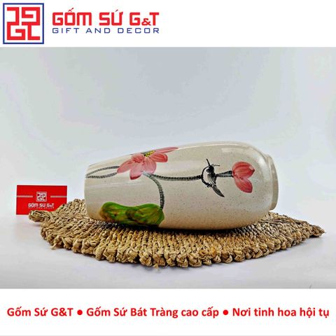 Lọ Hoa Gốm Sứ Trang Trí Dáng Bom Men Cát Vẽ Sen - Vật Phẩm Phong Thủy Tinh Tế cho Nội Thất