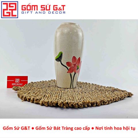 Lọ Hoa Gốm Sứ Trang Trí Dáng Bom Men Cát Vẽ Sen - Vật Phẩm Phong Thủy Tinh Tế cho Nội Thất