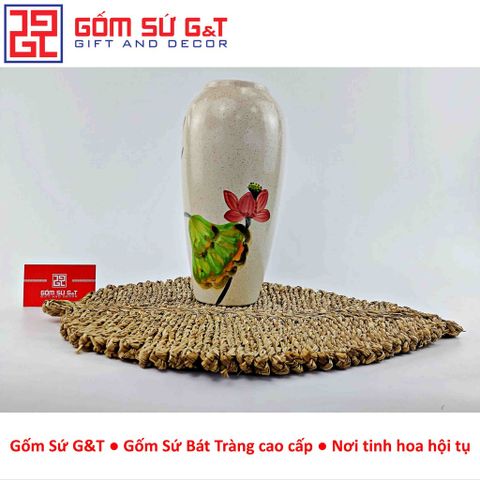 Lọ Hoa Gốm Sứ Trang Trí Dáng Bom Men Cát Vẽ Sen - Vật Phẩm Phong Thủy Tinh Tế cho Nội Thất