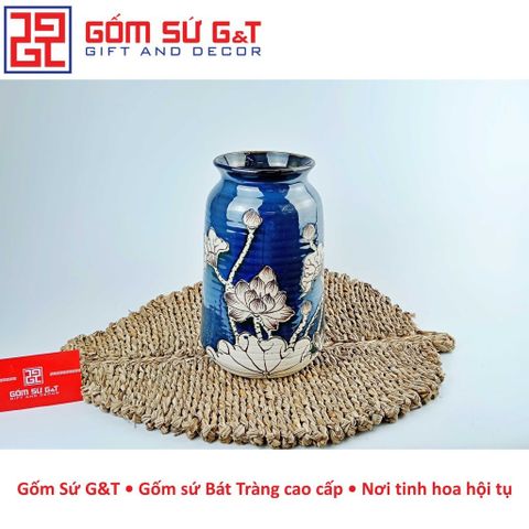 Lọ Hoa Gốm Sứ Trang Trí Phích Miệng Rộng Vẽ Sen Nổi - Quà Tặng Phong Thủy Đẹp Mắt