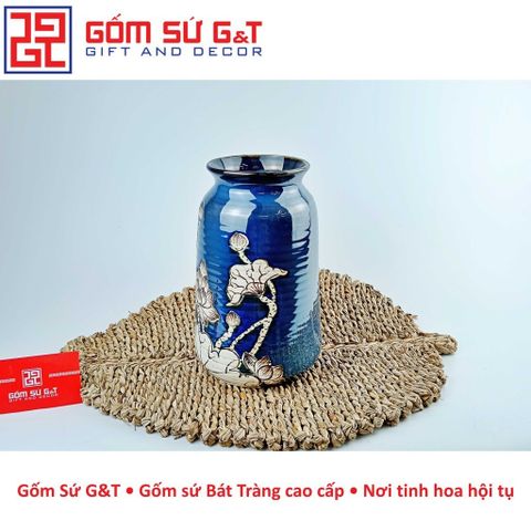 Lọ Hoa Gốm Sứ Trang Trí Phích Miệng Rộng Vẽ Sen Nổi - Quà Tặng Phong Thủy Đẹp Mắt