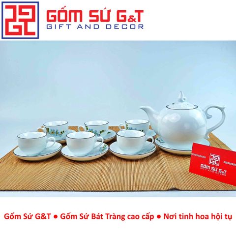 Bộ trà chóp lửa gốm sứ vẽ hoa đào xanh - Bộ ấm trà nghệ thuật cao cấp cho không gian sống tinh tế