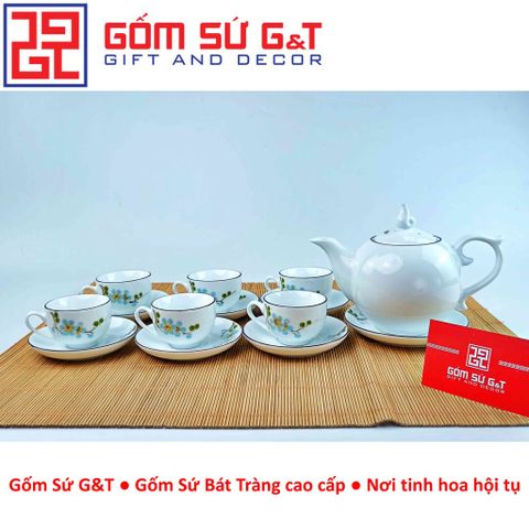 Bộ trà chóp lửa gốm sứ vẽ hoa đào xanh - Bộ ấm trà nghệ thuật cao cấp cho không gian sống tinh tế