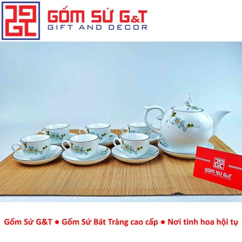 Bộ trà chóp lửa gốm sứ vẽ hoa đào xanh - Bộ ấm trà nghệ thuật cao cấp cho không gian sống tinh tế