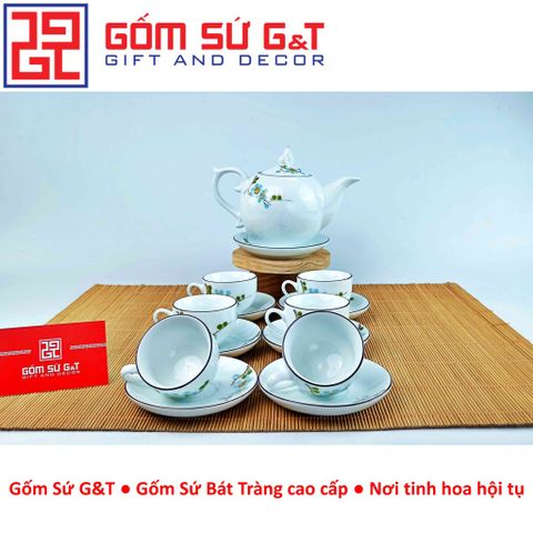Bộ trà chóp lửa gốm sứ vẽ hoa đào xanh - Bộ ấm trà nghệ thuật cao cấp cho không gian sống tinh tế