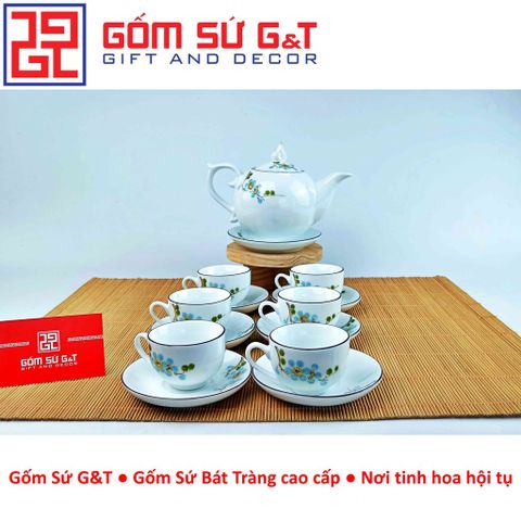 Bộ trà chóp lửa gốm sứ vẽ hoa đào xanh - Bộ ấm trà nghệ thuật cao cấp cho không gian sống tinh tế