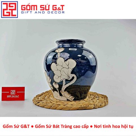 Lọ Hoa Men Hỏa Biến Dáng Vò Vẽ Sen Gốm Sứ G&T - Vật Phẩm Phong Thủy Tôn Vinh Không Gian Sống