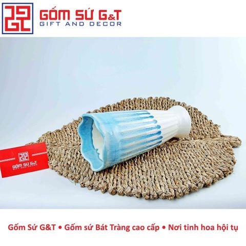 Lọ Hoa Trang Trí Chân Ly Thấp Men Xanh Cát Trắng - Gốm Sứ G&T Phong Thủy Sang Trọng, Tạo Điểm Nhấn Cho Không Gian
