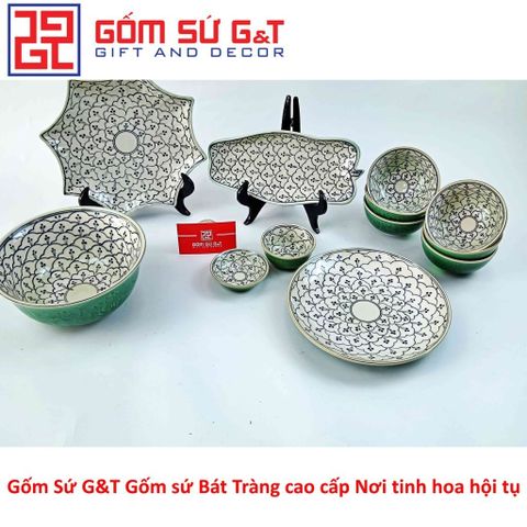 Bộ Đồ Ăn 6 Người Gốm Sứ Vẽ Hoa Bèo Men Xanh Đồng - Bộ Dụng Cụ Tiệc Sang Trọng cho Gia Đình và Bạn Bè