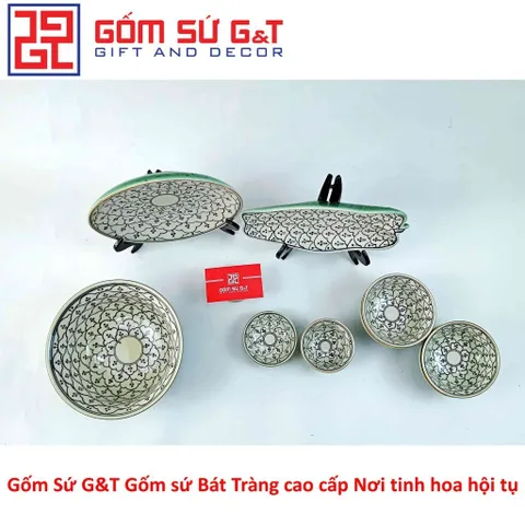 Bộ Đồ Ăn 6 Người Gốm Sứ Vẽ Hoa Bèo Men Xanh Đồng - Bộ Dụng Cụ Tiệc Sang Trọng cho Gia Đình và Bạn Bè