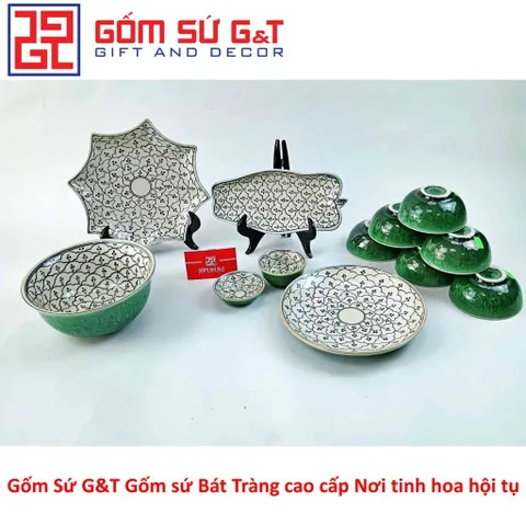 Bộ Đồ Ăn 6 Người Gốm Sứ Vẽ Hoa Bèo Men Xanh Đồng - Bộ Dụng Cụ Tiệc Sang Trọng cho Gia Đình và Bạn Bè