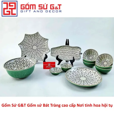 Bộ Đồ Ăn 6 Người Gốm Sứ Vẽ Hoa Bèo Men Xanh Đồng - Bộ Dụng Cụ Tiệc Sang Trọng cho Gia Đình và Bạn Bè