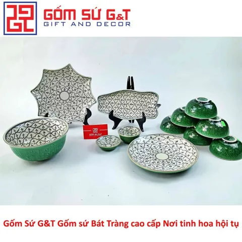 Bộ Đồ Ăn 6 Người Gốm Sứ Vẽ Hoa Bèo Men Xanh Đồng - Bộ Dụng Cụ Tiệc Sang Trọng cho Gia Đình và Bạn Bè