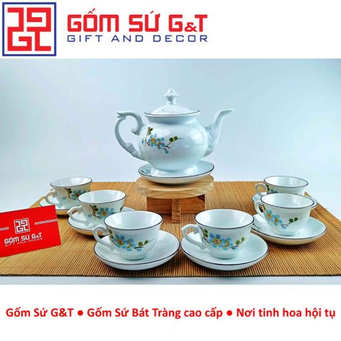 Bộ trà cát tường gốm sứ vẽ hoa đào xanh - Bộ trà truyền thống trang trí tinh tế cho không gian sống và thưởng thức trà