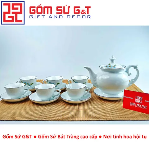 Bộ trà cát tường gốm sứ vẽ hoa đào xanh - Bộ trà truyền thống trang trí tinh tế cho không gian sống và thưởng thức trà