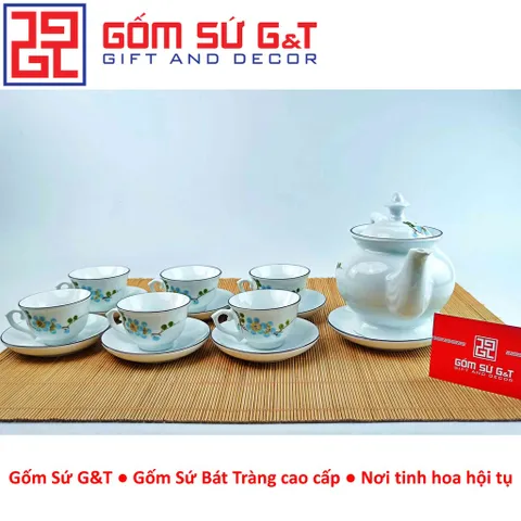 Bộ trà cát tường gốm sứ vẽ hoa đào xanh - Bộ trà truyền thống trang trí tinh tế cho không gian sống và thưởng thức trà