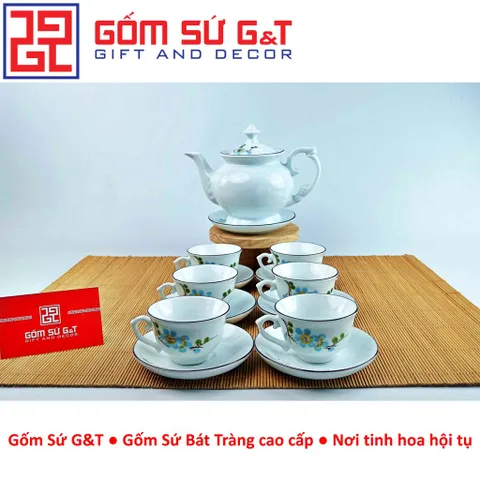 Bộ trà cát tường gốm sứ vẽ hoa đào xanh - Bộ trà truyền thống trang trí tinh tế cho không gian sống và thưởng thức trà