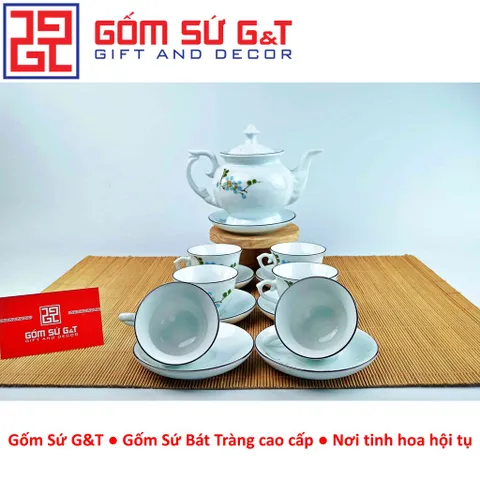 Bộ trà cát tường gốm sứ vẽ hoa đào xanh - Bộ trà truyền thống trang trí tinh tế cho không gian sống và thưởng thức trà