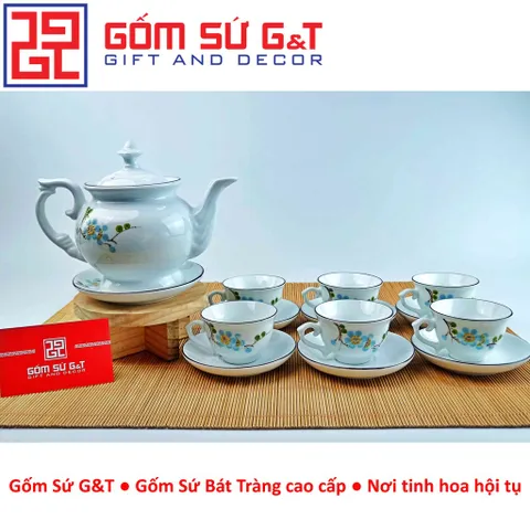 Bộ trà cát tường gốm sứ vẽ hoa đào xanh - Bộ trà truyền thống trang trí tinh tế cho không gian sống và thưởng thức trà