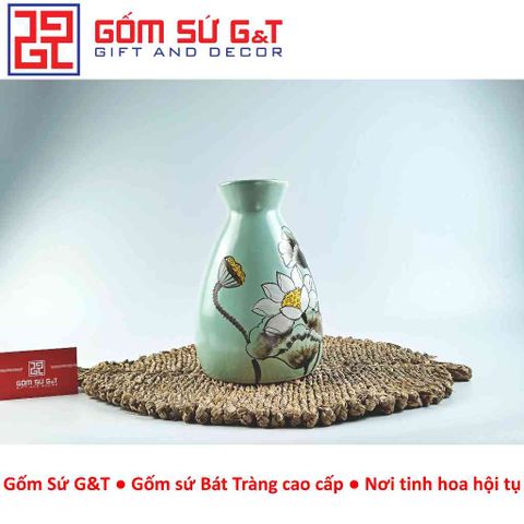 Lọ Hoa Gốm Sứ Đẹp Dáng Chân Váy Vẽ Bạch Liên - Trang Trí Nội Thất Sang Trọng