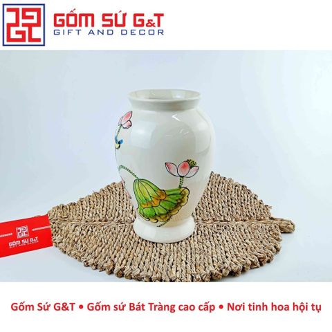 Lọ Hoa Gốm Sứ Dáng Đùi Dế Vẽ Sen Hồng - Vật Phẩm Phong Thủy Sang Trọng, Trang Trí Nhà Cửa Thú Vị