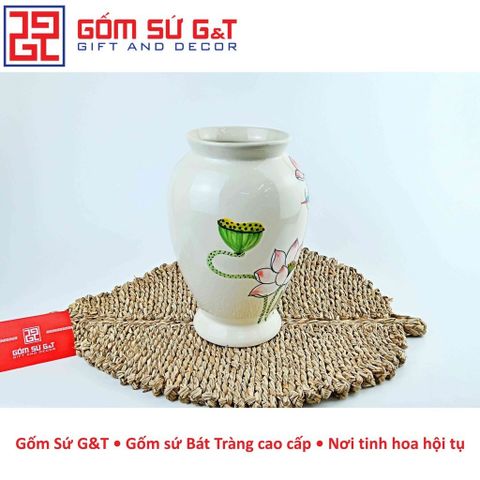 Lọ Hoa Gốm Sứ Dáng Đùi Dế Vẽ Sen Hồng - Vật Phẩm Phong Thủy Sang Trọng, Trang Trí Nhà Cửa Thú Vị