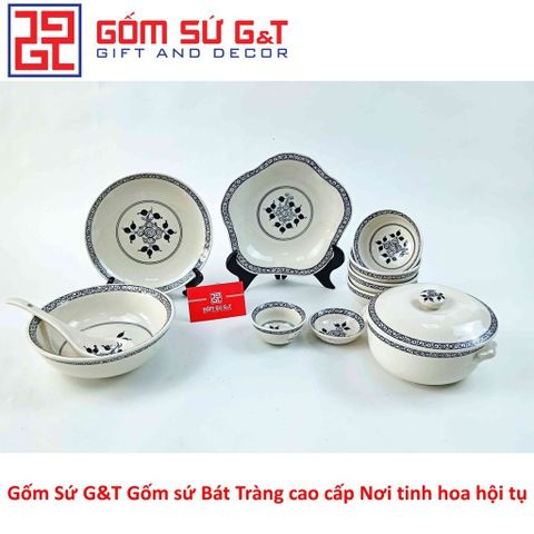 Bộ đồ ăn Gốm Sứ 4 người vẽ hoa móc - Tô, Bát, Chén, Đĩa sang trọng cho bữa tiệc gia đình hoặc bạn bè