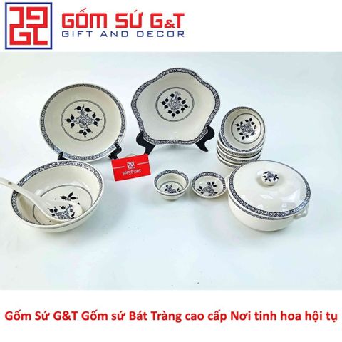Bộ đồ ăn Gốm Sứ 4 người vẽ hoa móc - Tô, Bát, Chén, Đĩa sang trọng cho bữa tiệc gia đình hoặc bạn bè