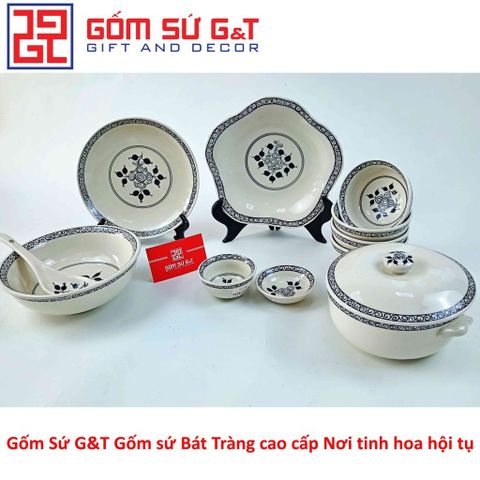 Bộ đồ ăn Gốm Sứ 4 người vẽ hoa móc - Tô, Bát, Chén, Đĩa sang trọng cho bữa tiệc gia đình hoặc bạn bè
