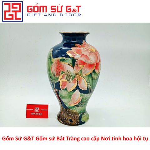 Lọ Hoa Sen Vẽ Vàng Kim 24K Gốm Sứ - Vật Phẩm Phong Thủy Trang Trí Nhà Cửa Cao Cấp