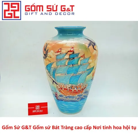 Lọ Hoa Gốm Sứ Dáng Thạp Thuyền Buồm Xuôi Gió Vẽ Vàng 24K - Đồ Trang Trí Sang Trọng Nhà Cửa Ấn Tượng
