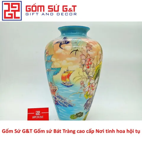Lọ Hoa Gốm Sứ Dáng Thạp Thuyền Buồm Xuôi Gió Vẽ Vàng 24K - Đồ Trang Trí Sang Trọng Nhà Cửa Ấn Tượng