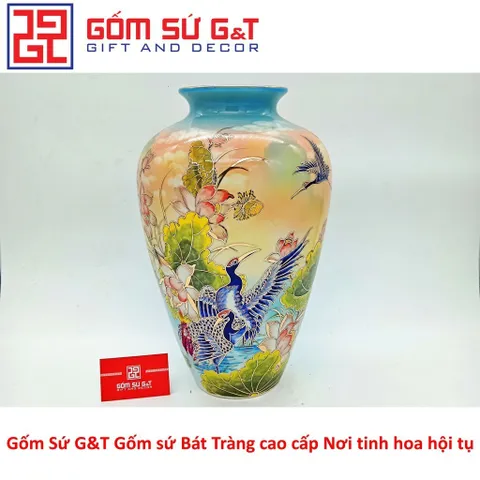 Lọ Hoa Gốm Sứ Dáng Thạp Thuyền Buồm Xuôi Gió Vẽ Vàng 24K - Đồ Trang Trí Sang Trọng Nhà Cửa Ấn Tượng