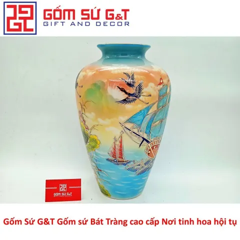 Lọ Hoa Gốm Sứ Dáng Thạp Thuyền Buồm Xuôi Gió Vẽ Vàng 24K - Đồ Trang Trí Sang Trọng Nhà Cửa Ấn Tượng