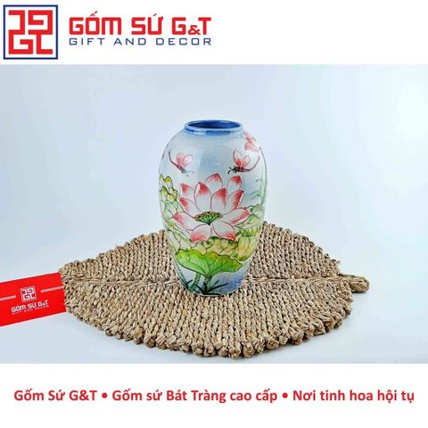 Lọ Hoa Gốm Sứ Dáng Bom Vẽ Sen Chuồn - Vật Phẩm Phong Thủy Trang Trí Độc Đáo