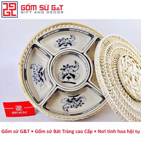 Bộ Khay Mứt Tết Gốm Sứ Vẽ Hoa Sen - Đồ Trang Trí Tết Độc Đáo, Quà Tặng Ý Nghĩa