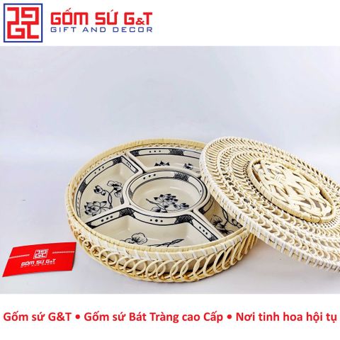 Bộ Khay Mứt Tết Gốm Sứ Vẽ Hoa Sen - Đồ Trang Trí Tết Độc Đáo, Quà Tặng Ý Nghĩa