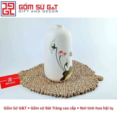 Lọ Hoa Gốm Sứ Dáng Phích Miệng Nhỏ Vẽ Sen - Trang Trí Nội Thất Đẹp Mắt và Sang Trọng