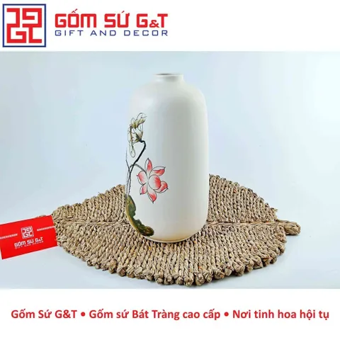 Lọ Hoa Gốm Sứ Dáng Phích Miệng Nhỏ Vẽ Sen - Trang Trí Nội Thất Đẹp Mắt và Sang Trọng