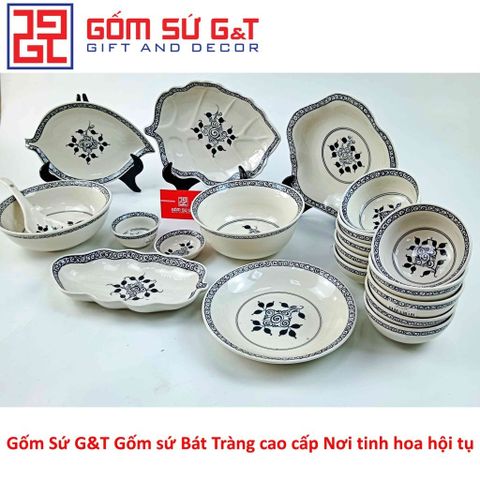 Bộ đồ ăn gốm sứ 10 người vẽ hoa móc - Set 2 chén đĩa sang trọng cho bữa tiệc và các dịp lễ hội