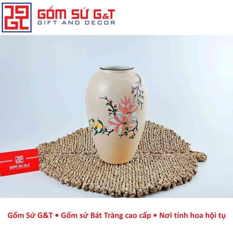 Lọ Hoa Gốm Sứ Bom Vẽ Chim Đào - Vật Phẩm Phong Thủy Trang Trí Nhà Cửa, Quà Tặng Ý Nghĩa