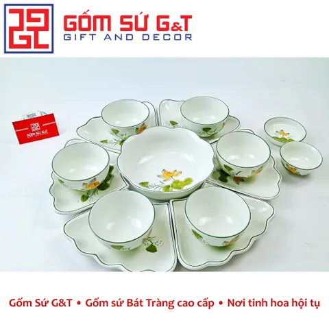 Bộ đồ ăn Gốm Sứ G&T - Men Kem Vẽ Sen Vàng Sang Trọng, Phù Hợp Mọi Dịp, Đồ Gia Dụng Nhà Bếp Thẩm Mỹ